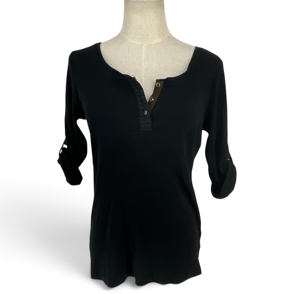 Lauren Ralph Lauren Black Ribbed Henley Top Leather Roll Tab Sleeve Womens L